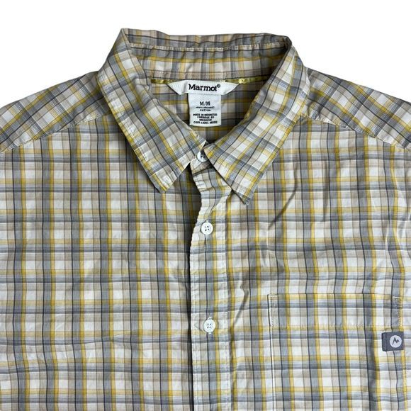 Marmot Mens Organic Cotton Gray Yellow Plaid Short Sleeve Button Up Shirt Medium - Picture 1 of 5